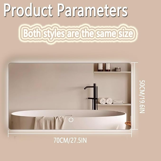 Backlit LED Illuminated Bathroom Mirror with LED Lights, Lighted Bathroom Makeup Wall Mounted Mirror with Demister Pad, Sensor Touch Switch, Horizontal/Vertical(A,H50*W70CM/H19.6*W27.5IN)