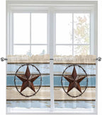 Vintage Western Star on Wood Grain Window Valance Curtains, Retro Wooden Texture Light Filtering Kitchen Valance with 3-inch Rod Pocket for Living Room Bathroom Bedroom,2 Panel,27.5x24In