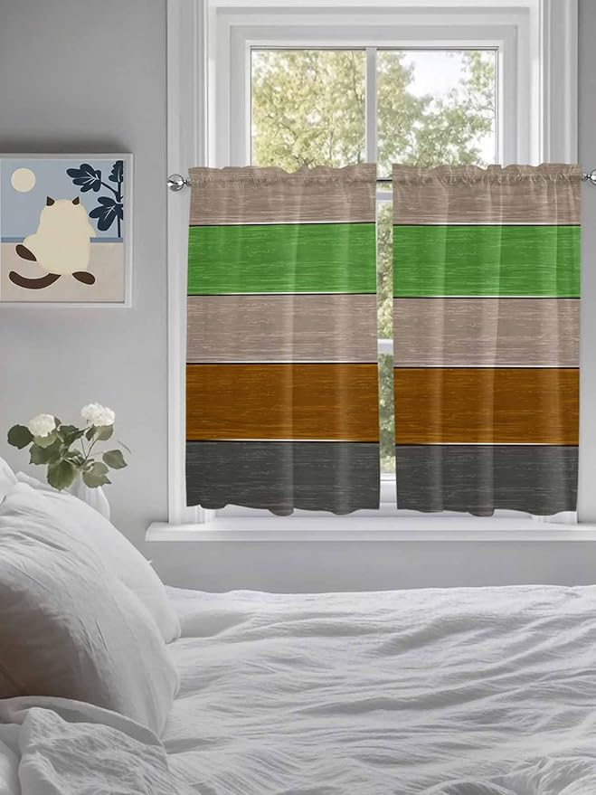 Farm Gray Green Brown Wood Grain Window Valance Curtains, Rustic Wooden Plank Light Filtering Kitchen Valance with 3-inch Rod Pocket for Living Room Bathroom Bedroom,2 Panel,52x45In