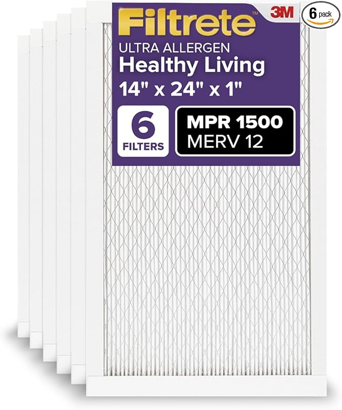 Filtrete 14x24x1 AC Furnace Air Filter, MERV 12, MPR 1500, CERTIFIED asthma & allergy friendly, 3 Month Pleated 1-Inch Electrostatic Air Cleaning Filter, 6-Pack (Actual Size 13.81x23.81x0.78 in)