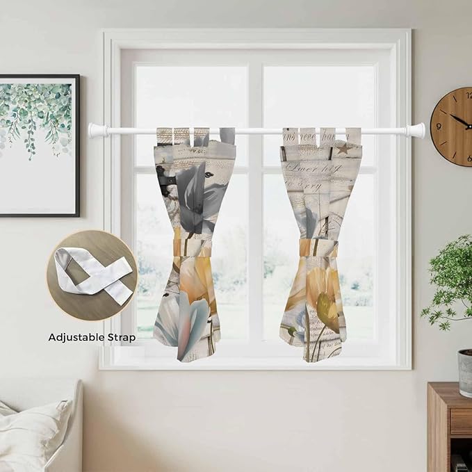 Spring Tulips Flower Kitchen Curtains 45 Inch Length, Short Cafe Window Curtains Tab Top, Vintage Floral Barn Doors Rustic Beige Light Filtering Window Treatments Tier Drapes 27.5"x45" 2 Panel