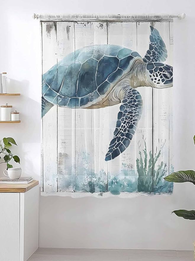 Sheer Curtains 63 Inch Length, Sea Turtle Teal Blue Semi Sheer Curtains Light Filtering Window Treatment, Summer Coastal Ocean Wood Grain Privacy Voile Drapes for Living Room Bedroom 52x63 Inch