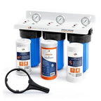 Aquaboon 3-Stage Whole House Water Filtration System with 5 Micron 10x4.5 Reducing Sediment, KDF Heavy Metals and Carbon Chlorine Reduction Water Filter Purification Cartrige, Pressure Gauges, Bracket