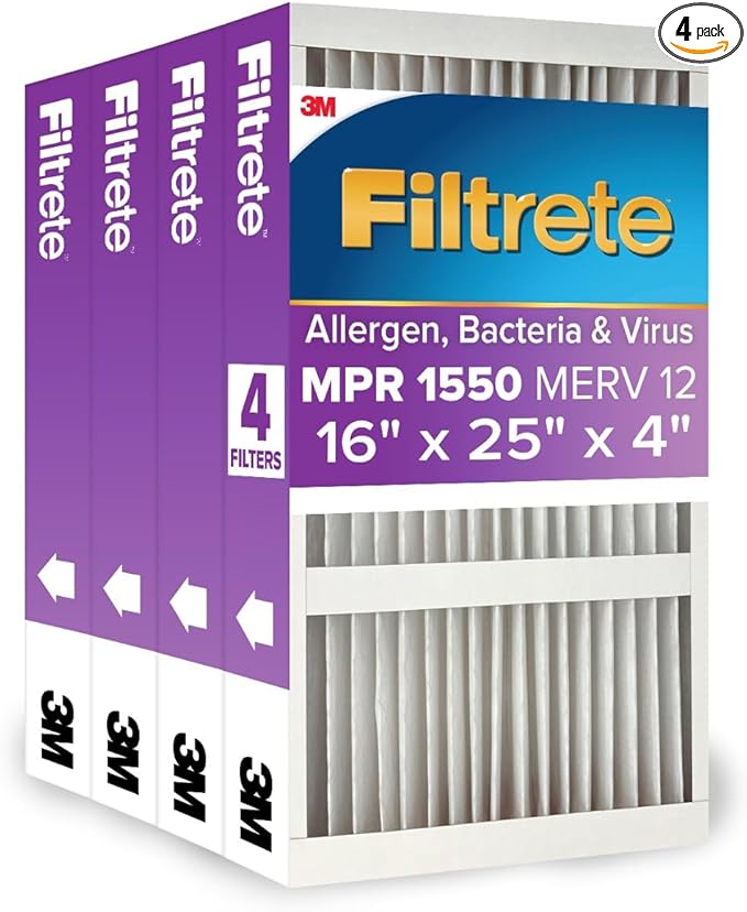 Filtrete 16x25x4(SlimFit), AC Furnace Air Filter, MPR 1550 DP, Healthy Living Ultra Allergen Deep Pleat, 4-Pack, Fits Lennox & Honeywell Devices (exact dimensions 15.5 x 24.5 x 3.75)