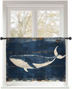 Sheer Curtains 54 Inch Length, Summer Whale Blue Semi Sheer Curtains Light Filtering Window Treatment, Coastal Ocean Vintage Wooden Grain Privacy Voile Drapes for Living Room Bedroom 52x54 Inch