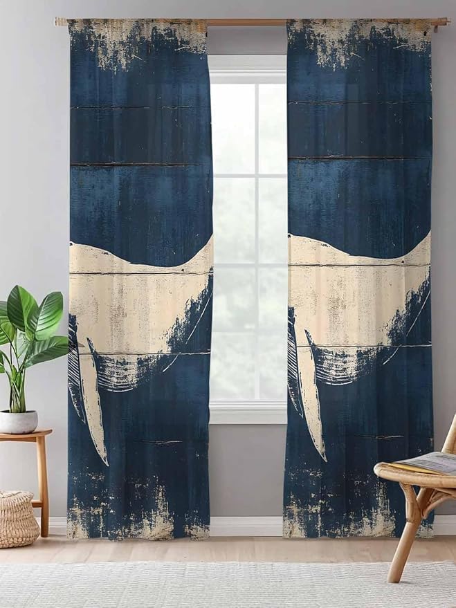 Sheer Curtains 108 Inches Long, Ocean Whale Blue Semi Sheer Curtains Light Filtering Window Treatment, Summer Coastal Vintage Wood Grain Privacy Voile Drapes for Living Room Bedroom 52x108 Inch