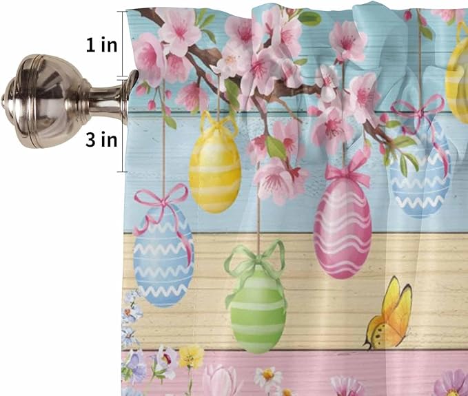Colorful Easter Kitchen Curtains 45 Inches length, Spring Watercolor Bunny Egg Flower Wood Grain Window Treatment Curtain Drapes, Lightweight Window Panels for Living Room Bedroom, 52"x45", 2 Panels