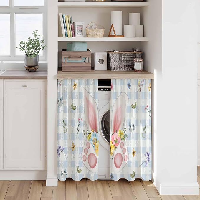 Easter Kitchen Curtains 45 Inch Long 2 Panel Set, Rod Pocket Window Treatment, Spring Rabbits Ears Feet Floral Blue Lattice Light Filtering Short Curtains & Drapes for Bathroom Laundry 52"W x 45"L