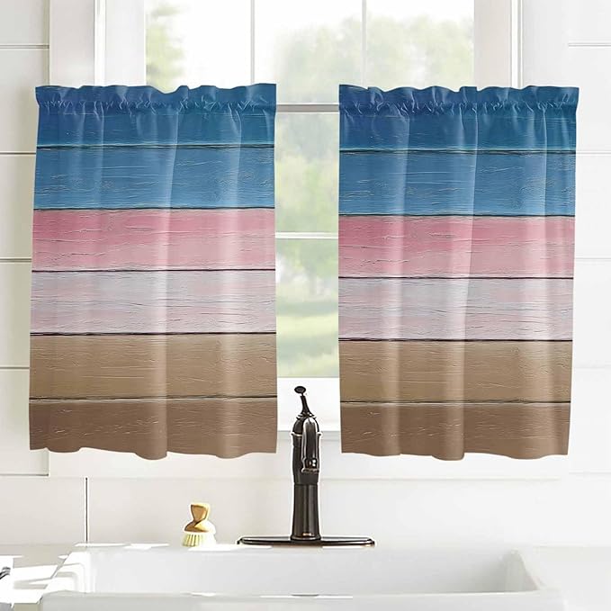 Blue Pink Brown Gradient Wood Grain Window Valance Curtains, Vintage Wood Board Light Filtering Kitchen Valance with 3-inch Rod Pocket for Living Room Bathroom Bedroom,2 Panel,52x54In