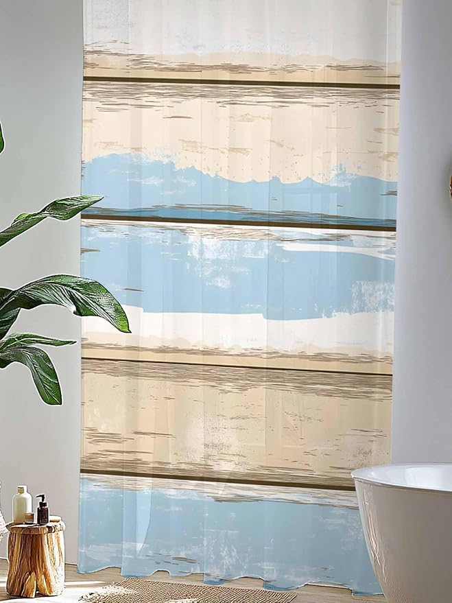 Sheer Curtains 108 Inches Long, Vintage Geometric Blue Semi Sheer Curtains Light Filtering Window Treatment, Abstract Country Shabby Wood Grain Privacy Voile Drapes for Living Room Bedroom 52x108 Inch
