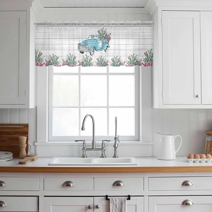 Farmhouse Sheer Valance Curtains, Summer Blue Car with Cactus Succulents Wood Grain Light Filtering Kitchen Valances Rod Pocket Voile Curtain Window Treatment for Bedroom/Living Room/Basement 42Wx12L