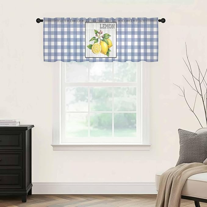 Lemon Sheer Valance Curtains, Summer Fruit Floral Wood Grain Blue Plaid Light Filtering Kitchen Valances Rod Pocket Voile Curtain Window Treatment for Bedroom/Living Room/Basement 42Wx12L