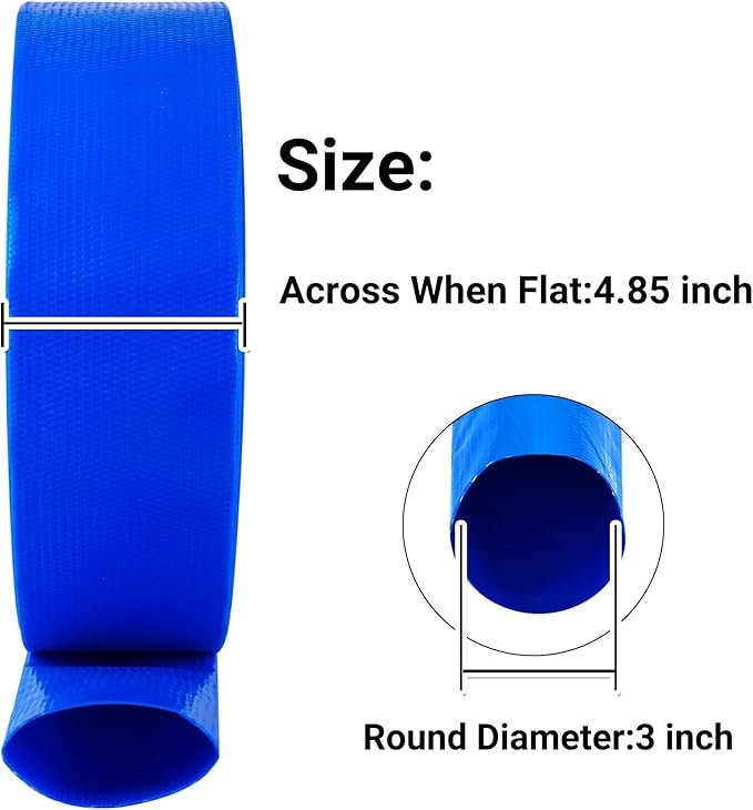 3" x 50 FT Pool Backwash Hose, Blue Heavy Duty Reinforced PVC Lay Flat Water Discharge Hose for Swimming Pool Filter Pump,with 2 Clamp
