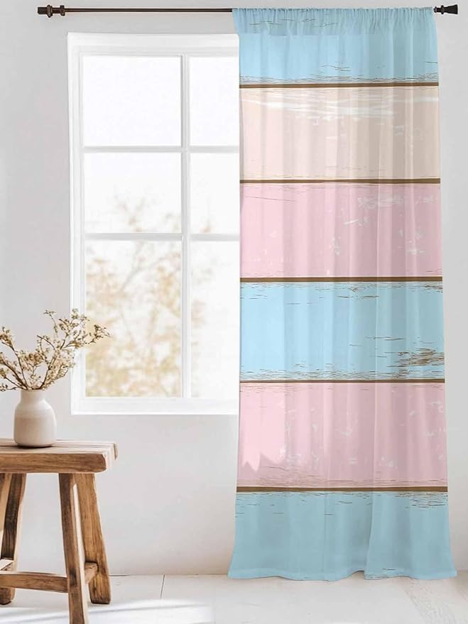 Sheer Curtains 84 Inches Long, Pink Blue Wood Grain Semi Sheer Curtains Light Filtering Window Treatment, Farmhouse Country Shabby Striped Privacy Voile Drapes for Living Room Bedroom 52x84 Inch