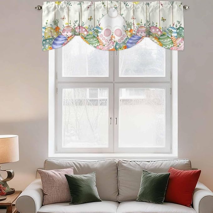 Easter Tie Up Valance Curtains for Windows, Kitchen Curtains Window Shades, Spring Rabbit Ears Foot Colorful Eggs Leaf Floral Light Filtering Roman Curtain Valances for Bedroom/Bathroom/Cafe 54"x18"