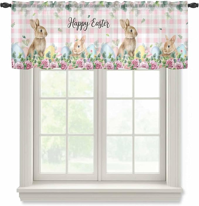 Easter Sheer Valances for Windows 42"x18", Light Filtering Kitchen Curtains Valance, Spring Watercolor Bunny Eggs Flower Leaf Pink Plaid Rod Pocket Chiffon Curtains for Living Room Bedroom Cafe