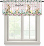 Easter Sheer Valances for Windows 42"x18", Light Filtering Kitchen Curtains Valance, Spring Watercolor Bunny Eggs Flower Leaf Pink Plaid Rod Pocket Chiffon Curtains for Living Room Bedroom Cafe