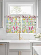 Happy Easter Half Window Curtain 36 Inches Long, Spring Bunny Eggs Flower Sage Green Plaid Window Treatment Curtain Drapes, Small Tier Curtains for Bathroom Over Sink, 27.5"x36", 2 Panels