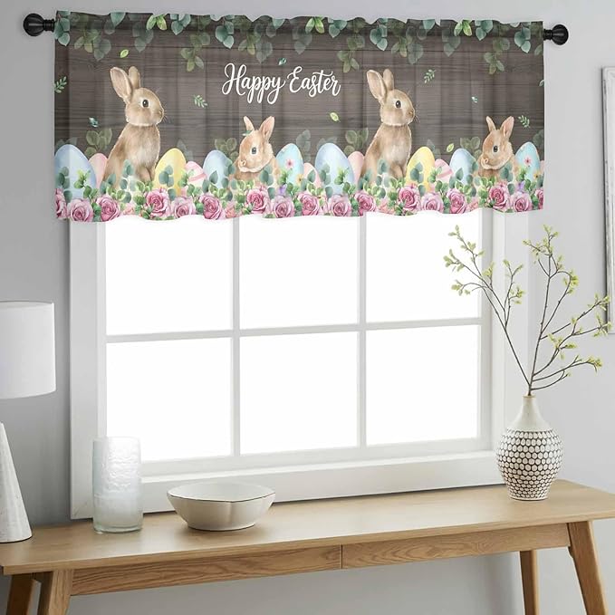 Easter Sheer Valances for Windows 42"x18", Light Filtering Kitchen Curtains Valance, Spring Watercolor Bunny Eggs Flower Leaf Wood Grain Rod Pocket Chiffon Curtains for Living Room Bedroom Cafe