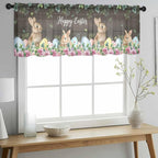 Easter Sheer Valances for Windows 42"x18", Light Filtering Kitchen Curtains Valance, Spring Watercolor Bunny Eggs Flower Leaf Wood Grain Rod Pocket Chiffon Curtains for Living Room Bedroom Cafe