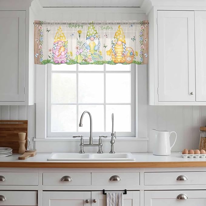 Easter Sheer Valances for Windows 60"x18", Light Filtering Kitchen Curtains Valance, Rustic Gnomes Duck Floral Colorful Eggs Wooden Grain Rod Pocket Chiffon Curtains for Living Room Bedroom Cafe