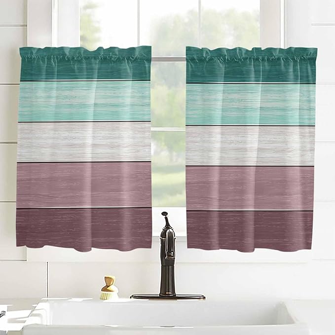 Retro Farm Woodcuts Texture Window Valance Curtains, Green Brown Gradient Light Filtering Kitchen Valance with 3-inch Rod Pocket for Living Room Bathroom Bedroom,2 Panel,42x45In
