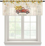 Farmhouses Sunflowers Sheer Valance Curtains, Retro Floral Leaves Red Truck Vintage Light Filtering Kitchen Valances Rod Pocket Voile Curtain Window Treatment for Bedroom/Living Room/Basement 42Wx12L