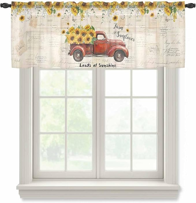 Farmhouses Sunflowers Sheer Valance Curtains, Retro Floral Leaves Red Truck Vintage Light Filtering Kitchen Valances Rod Pocket Voile Curtain Window Treatment for Bedroom/Living Room/Basement 60Wx18L