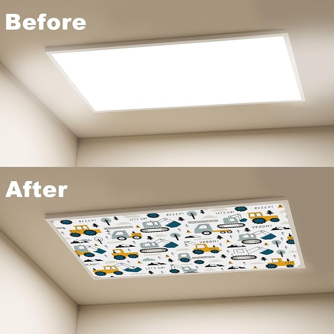 6 Pcs Fluorescent Light Covers for Ceiling Lights Construction Vehicle Excavators Trucks Mountains Decorative Magnets Light Filters for Office Home Classroom Must Haves 4’ x 2’
