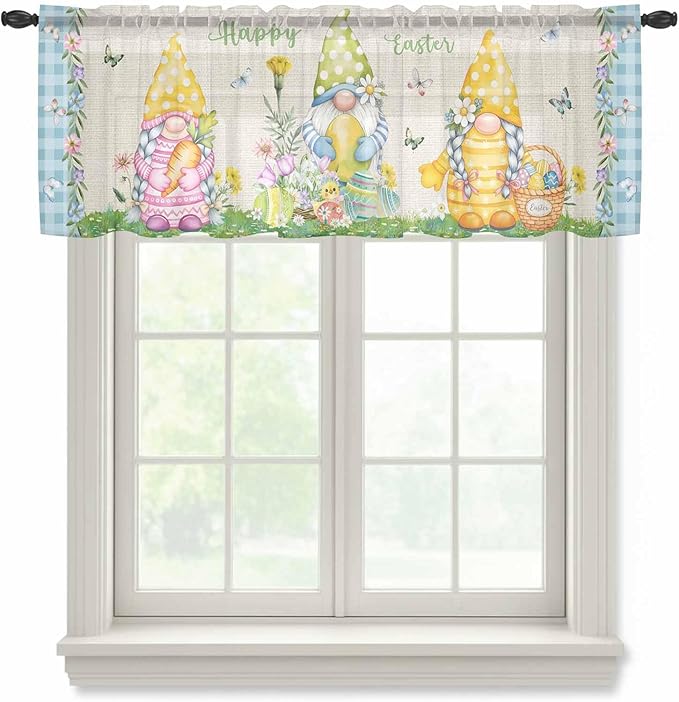 Easter Sheer Valances for Windows 54"x18", Light Filtering Kitchen Curtains Valance, Gnomes Colorful Eggs Butterfly Flowers Blue Check Rod Pocket Chiffon Curtains for Living Room Bedroom Cafe