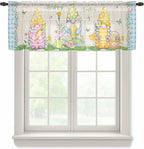 Easter Sheer Valances for Windows 60"x18", Light Filtering Kitchen Curtains Valance, Gnomes Colorful Eggs Butterfly Flowers Blue Check Rod Pocket Chiffon Curtains for Living Room Bedroom Cafe