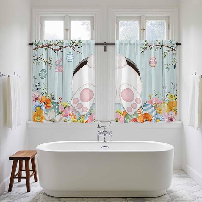 Easter Bunny Kitchen Curtains 45 Inch Long 2 Panel Set,Rod Pocket Window Treatment,Easter Eggs Spring Farmhouse Wood Grain Teal Blue Light Filtering Panels Short Drapes for Bathroom Camper 42"W x 45"L
