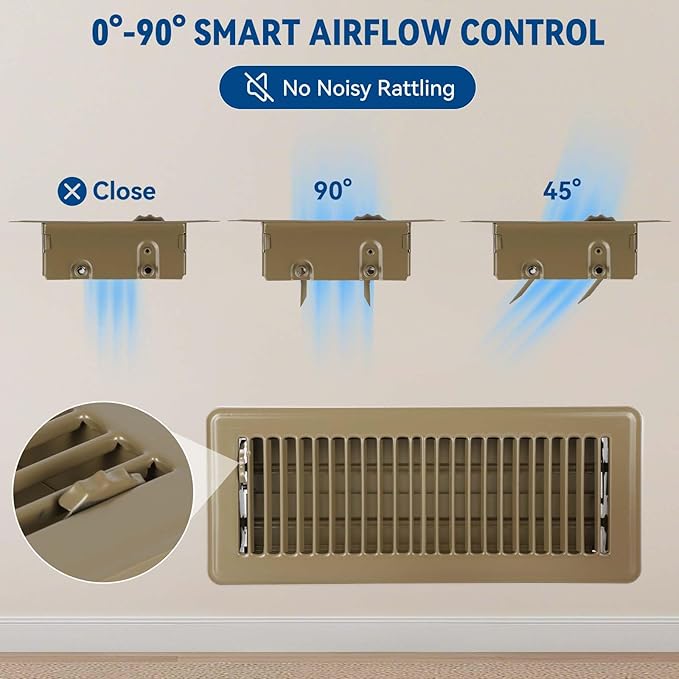 4" x 10" Floor Register Vent Covers 6-Pack, Walkable Powder-Coated Metal Vent Covers with Adjustable Airflow, Curved Safe Edges for Floor/Wall, Brown