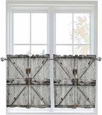 Vintage Gate Half Window Curtains 24 Inches Long, Farmhouse Wooden Grain Shabby Chic Door Window Treatment Curtain Drapes, Short Curtains Tiers for Kitchen Over Sink, 27.5"x24", 2 Panels
