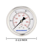 MEASUREMAN 2-1/2inch Dial Size, Glycerin Filled Pressure Gauge, 0-100psi/kpa, 304 Stainless Steel Case, 1/4 Inch NPT Center Back Mount