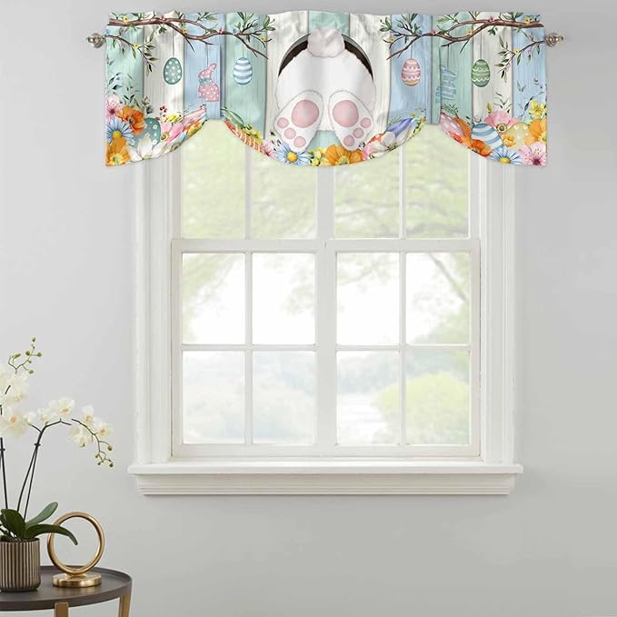 Easter Tie Up Valance Curtains for Windows, Kitchen Curtains Window Shades, Spring Watercolor Bunny Eggs Wood Grain Teal Blue Light Filtering Roman Curtain Valances for Bedroom/Bathroom/Cafe 42"x12"