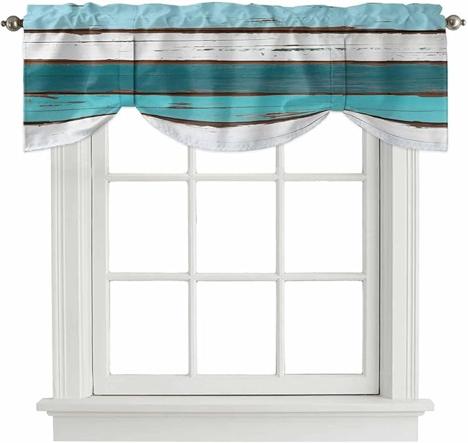 Turquoise Teal Tie Up Valance Curtains for Windows, Kitchen Curtains Window Shades, Farmhouse Retro Ombre Wooden Grain Light Filtering Roman Curtain Valances for Bedroom/Bathroom/Cafe 42"x12"