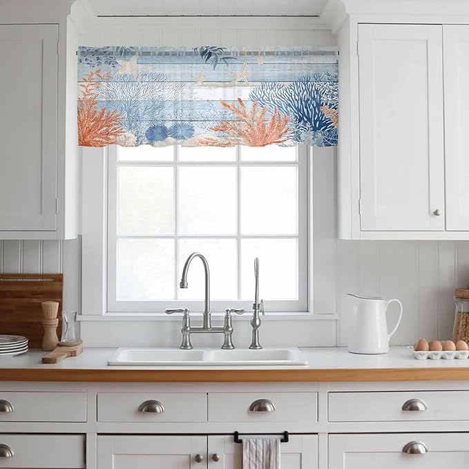Ocean Corals Sheer Valance Curtains, Summer Beach Coral Sea Stars Blue Wood Grain Light Filtering Kitchen Valances Rod Pocket Voile Curtain Window Treatment for Bedroom/Living Room/Basement 42Wx18L