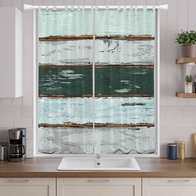 Blue Teal Living Room Curtains 96 Inch Length, Window Curtains Tab Top, Vintage Wooden Retro Art Farmhouse Barns Light Filtering Window Treatments Drapes 52"x96" 2 Panel