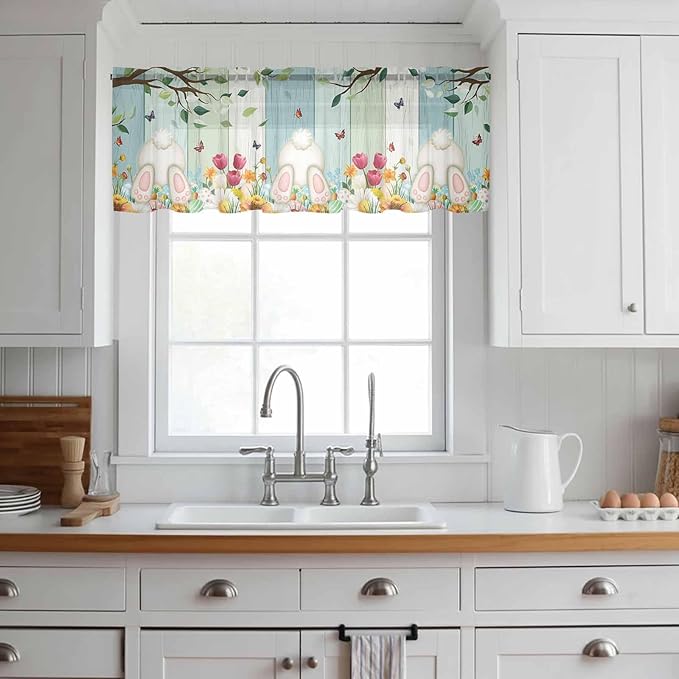 Easter Sheer Valances for Windows 54"x18", Light Filtering Kitchen Curtains Valance, Spring Watercolor Eggs Country Tulip Wooden Grain Rod Pocket Chiffon Curtains for Living Room Bedroom Cafe