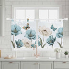 Blue Tulips Kitchen Curtains 36 Inch Length, Small Window Curtains Tab Top, Watercolor Flowers Butterfly Spring Farmhouse Blue Light Filtering Short Window Treatments Tier Drapes 27.5"x36" 2 Panel