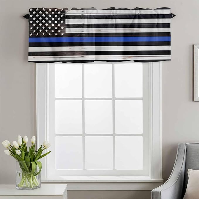 American Flag Valances for Windows, Blue Line Star Black White Stripes Wood Grain Kitchen Valance Light Filtering Rod Pocket Short Curtains for Kitchen Bathroom, 1 Panel, 56"x16"