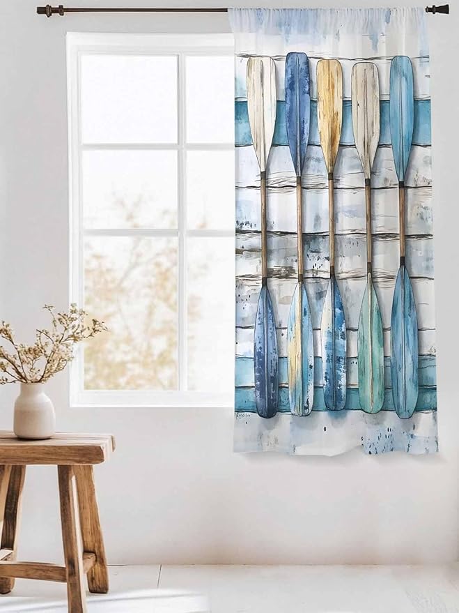 Sheer Curtains 63 Inch Length, Lake Paddle Striped Semi Sheer Curtains Light Filtering Window Treatment, Watercolor Vintage Wood Grain Privacy Voile Drapes for Living Room Bedroom 52x63 Inch