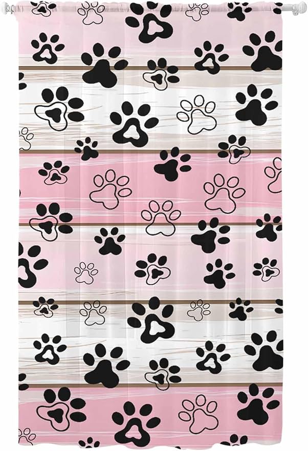 Sheer Curtains 96 Inches Long, Pink Beige Paw Print Semi Sheer Curtains Light Filtering Window Treatment, Vintage Farmhouse Country Wooden Grain Privacy Voile Drapes for Living Room Bedroom 52x96 Inch