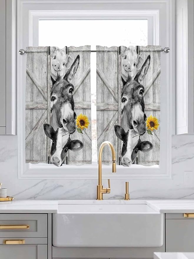Grey Farmhouse Tier Curtains 45 Inches Long, Vintage Sunflowers Animals Printed Window Treatment Curtain Drapes, Window Half Privacy Curtains for Bedroom Bathroom, 42"x45", 2 Panels