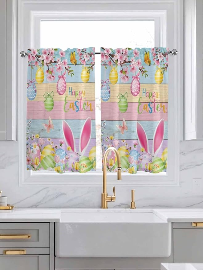 Colorful Easter Kitchen Curtains 54 Inches length, Spring Watercolor Bunny Egg Flower Wood Grain Window Treatment Curtain Drapes, Decorative Window Curtains for Bedroom Cafe, 52"x54", 2 Panels