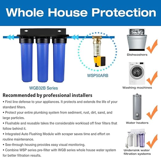 iSpring WGB32B-KS+AHPF12MNPT16X2 3-Stage Whole House Water Filter, Reduces Heavy Metals, Hydrogen Sulfide, Chlorine, Chloramine, Sediments w/ 3/4'' Push-Fit Braided Stainless Steel Hose Connectors