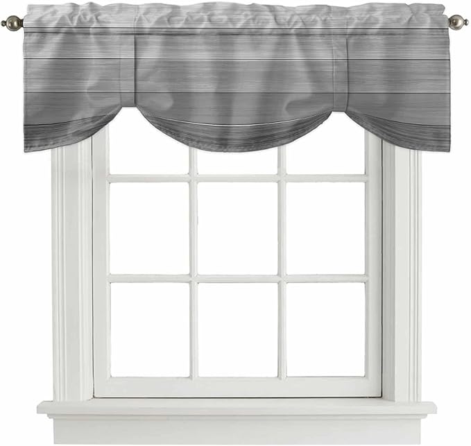 Grey Ombre Wooden Tie Up Valance Curtains for Windows, Kitchen Curtains Window Shades, Farmhouse Retro Gray Wood Gradient Light Filtering Roman Curtain Valances for Bedroom/Bathroom/Cafe 60"x18"