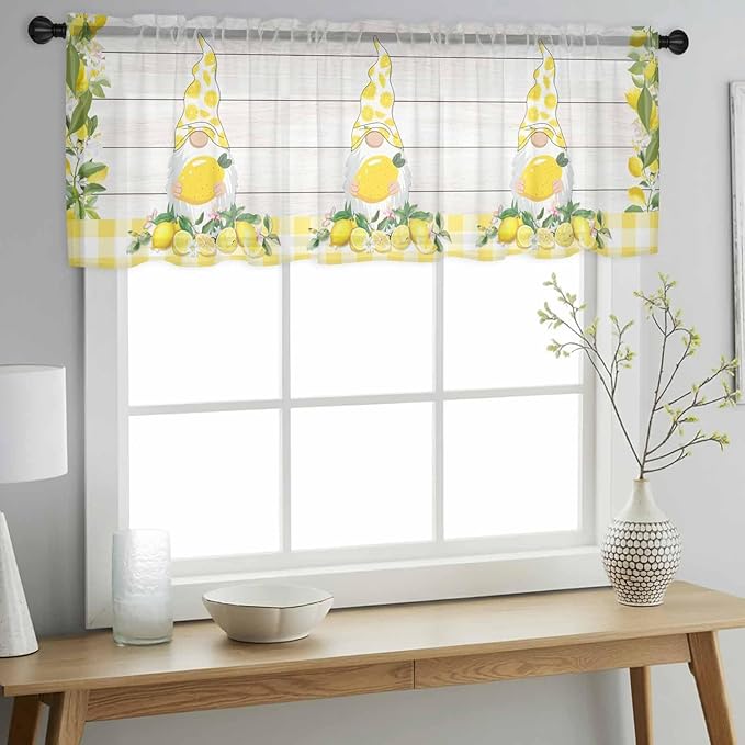 Lemon Dwarfs Sheer Valance Curtains, Gnome Green Leaf Wood Striped Yellow Plaid Light Filtering Kitchen Valances Rod Pocket Voile Curtain Window Treatment for Bedroom/Living Room/Basement 42Wx18L