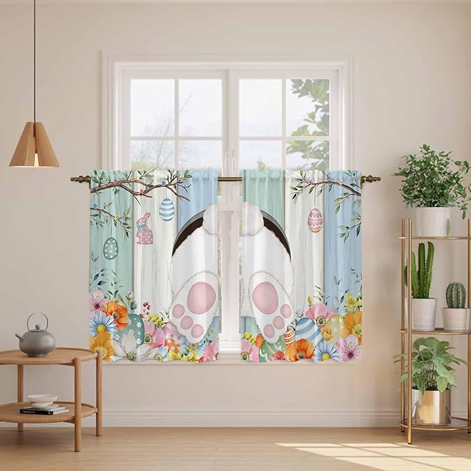 Easter Kitchen Tier Curtains 45 Inch Long 2 Panel Set,Rod Pocket Short Window Treatment,Spring Watercolor Bunny Eggs Wood Grain Teal Blue Light Filtering Curtains & Drapes for Bathroom 27.5"W x 45"L